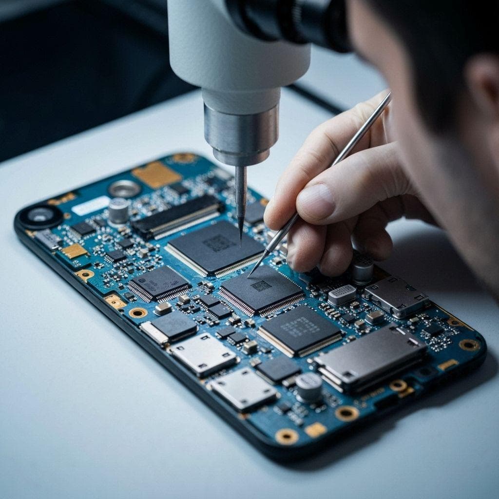Technician repairing a smartphone motherboard under a microscope